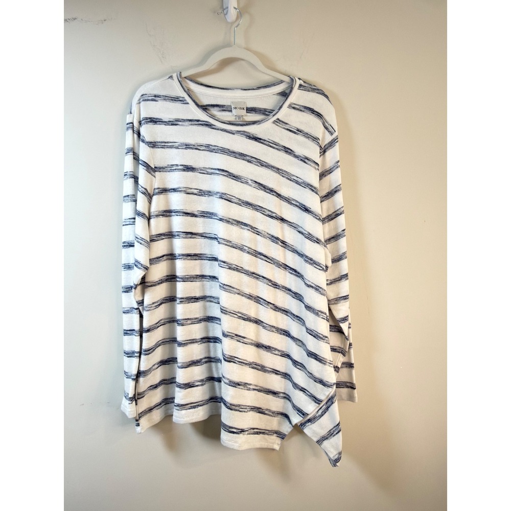 NIC+ZOE Top White Navy Striped Asymmetrical Hem Long Sleeve Womens 2X